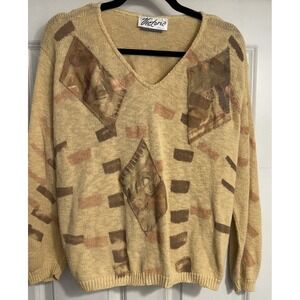 Victoria Sage Vtg USA 90's Art to Wear Sweater Sz‎ Large Beige Artsy Boho
